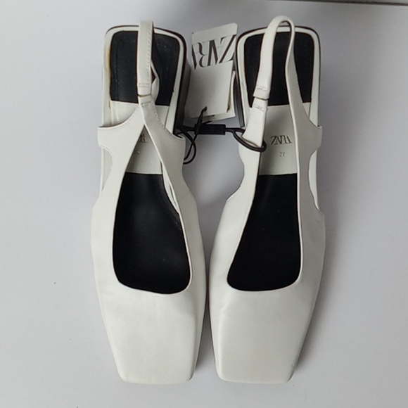 NWT Zara Genuine Leather Cream Slingback Square Toe Chunky Kitten Heels - Picture 6 of 7